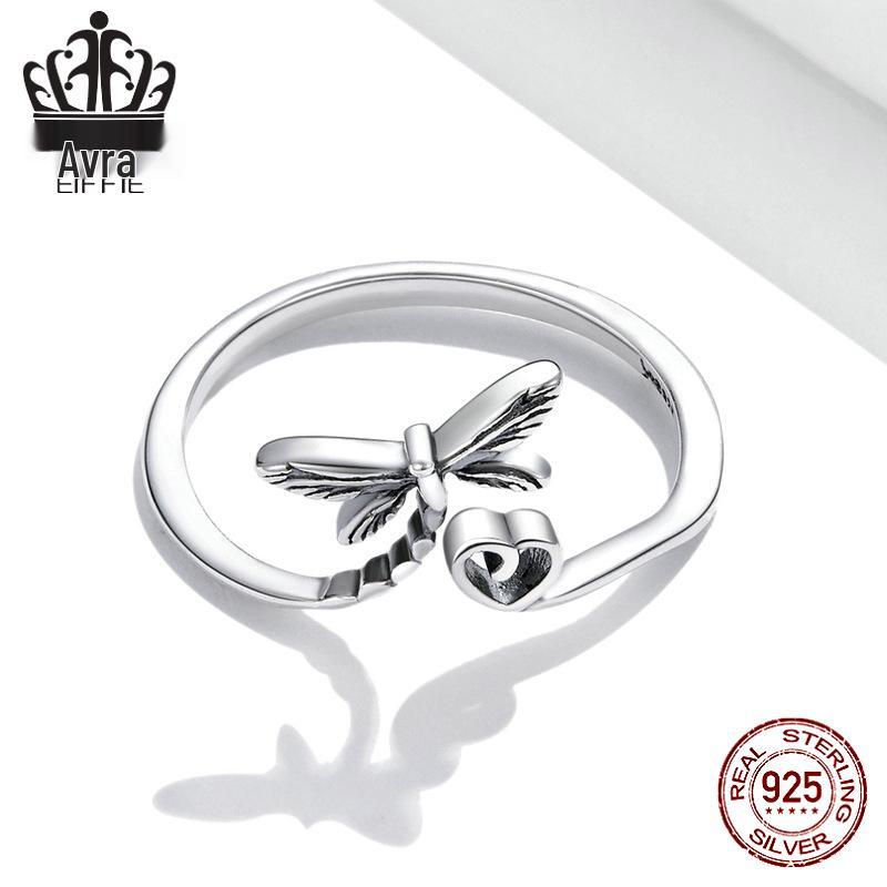 Sterling Silver S925 Dragonfly Love Open Ring - Heart-Shaped Fashion Jewelry