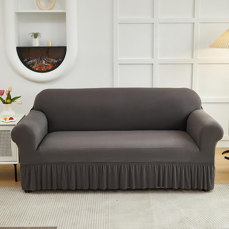 1pc Stretch Sofa Cover With Skirt Solid Color Dustproof Non-slip Adjuatable Sofa Slipcover for Bedroom Living Room Home Decor