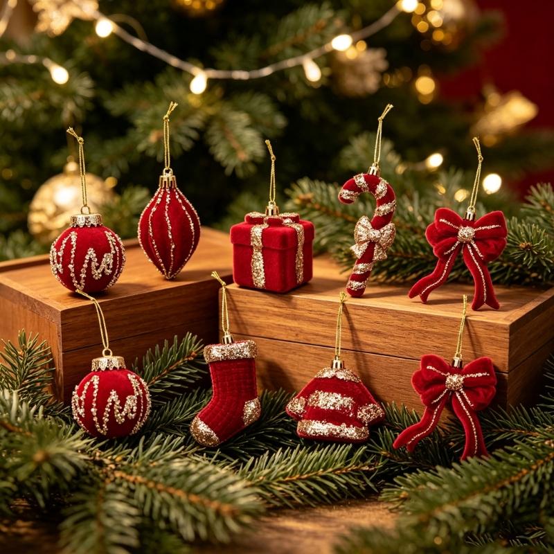 Wine Red Christmas Decorations with Soft-Looking Textured Finish, Gold Trim, and Hanging String for Holiday Tree and Porches