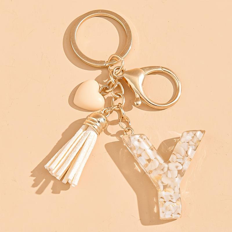 26 Iniciais Alfabeto A a Z Chaveiro de Letra Borla em Forma de Coração Bege Argolas de Chave Moda Enfeite Pendurado para Bolsa Bugiganga de Carro Presentes