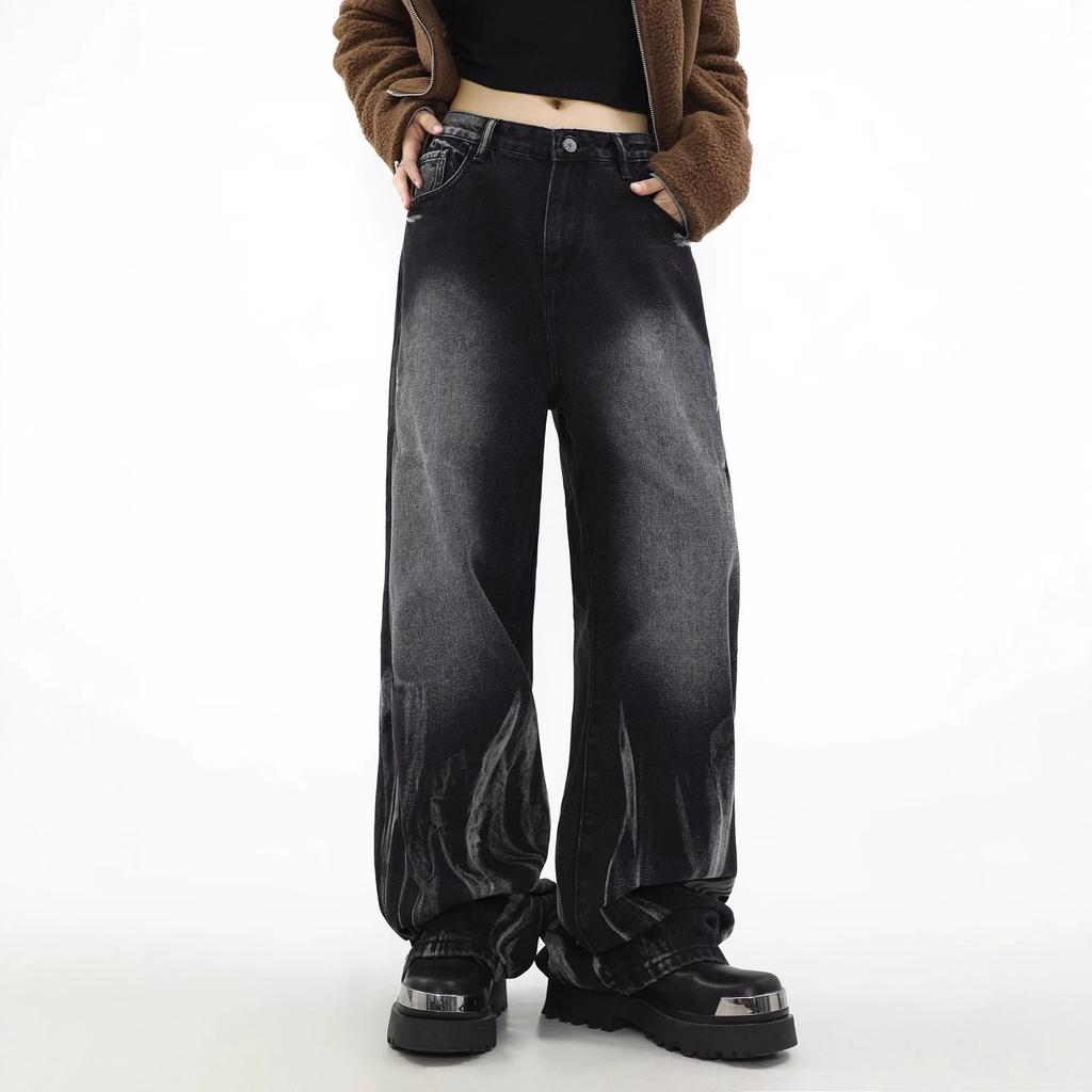 American jeans men's niche wide-leg straight vertical loose tie-dye high street pants retro casual tooling trousers