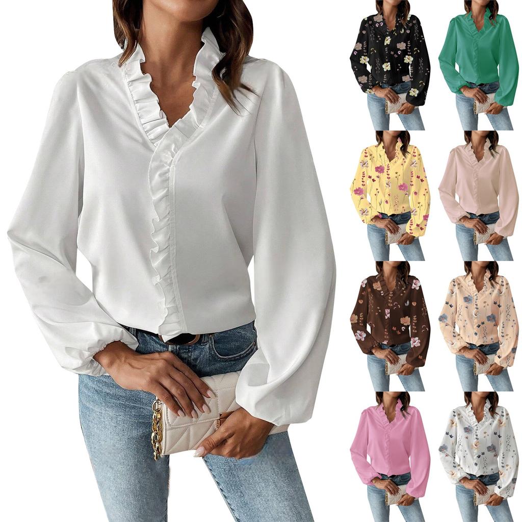 Damen Herbst Rüschen V-Ausschnitt Mode Bedrucktes Langarm T-Shirt Shirt Top