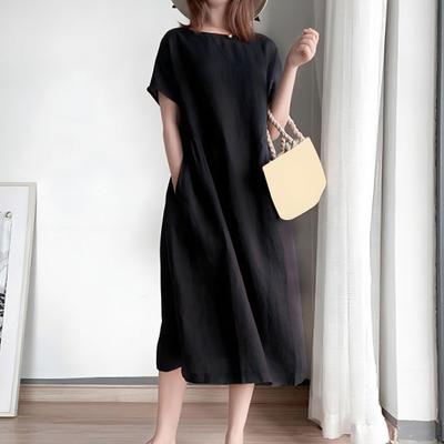 Women's Loose Cotton Dress Summer Casual Plus Size Midi Dress Crew Neck Short Sleeve