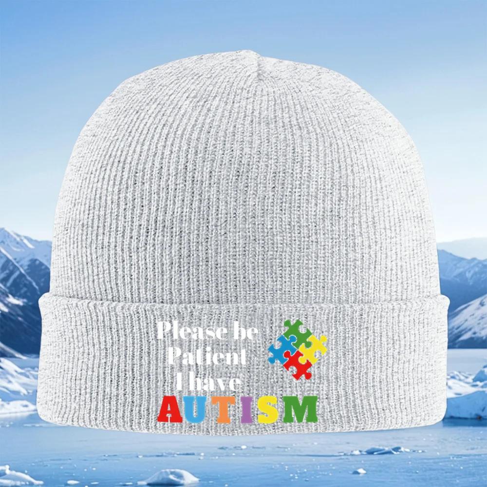 Puzzle Pieces Autism Awareness Sign Message Knitted Hat Unisex Women Unisex Beanie Pullover Cap Winter Thermal Warm Christmas Outdo