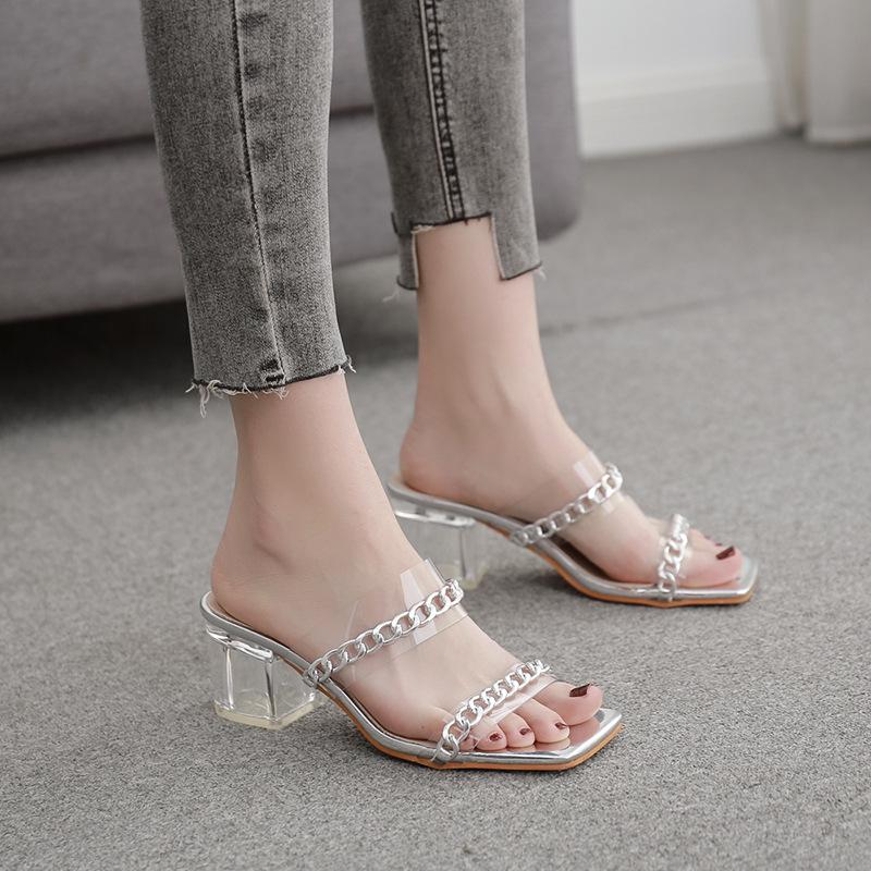 

Сандалии на высоком прозрачном каблуке, женские прозрачные тапочки, туфли с металлическими цепями, женские шлепанцы с двумя ремешками, женские босоножки с золотыми/серебряными цепями 5 серебряный
