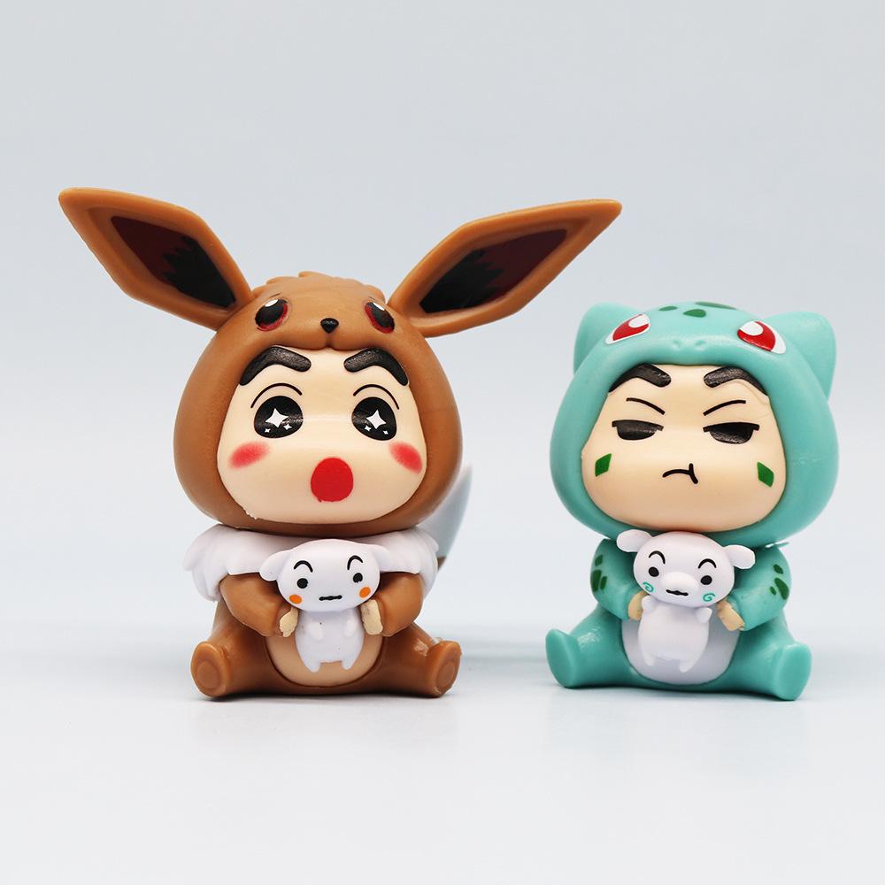 6Pcs/Set Crayon Shin-Chan Cos Pokemon Psyduck Pikachu Eevee Charmander Bulbasaur Squirtle Action Figure Collection Model Doll