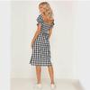 Women's Spring Summer Sexy Slit Square Collar Plaid Short-sleeved Dress