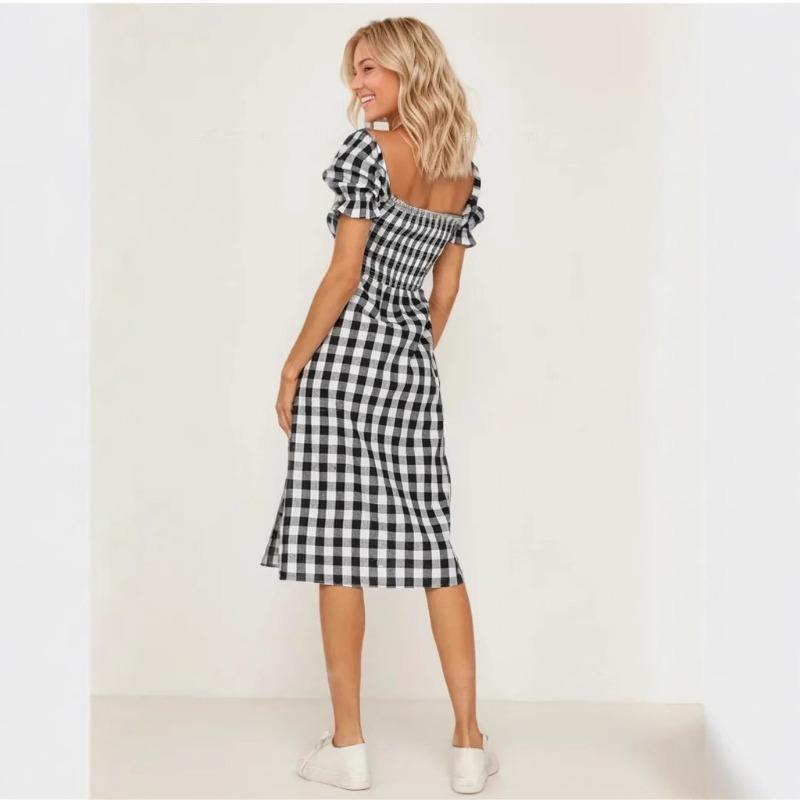 Women's Spring Summer Sexy Slit Square Collar Plaid Short-sleeved Dress