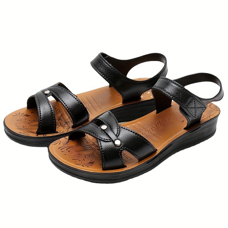 Women's Soft Sole Flat Sandals, Lightweight Faux Leather Open Toe Sandals, Women's Footwear