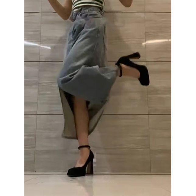 One-word buckle belt thick heel not tired foot waterproof table shallow mouth single shoes 2025 new niche square head Mary Jane high heels