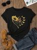 Trendy Women Casual T-Shirt, Short Sleeve Graphic Top With LUNE Sunflower & Butterfly Design, Soft Floral Aesthetic Tee For Everyday Wear
