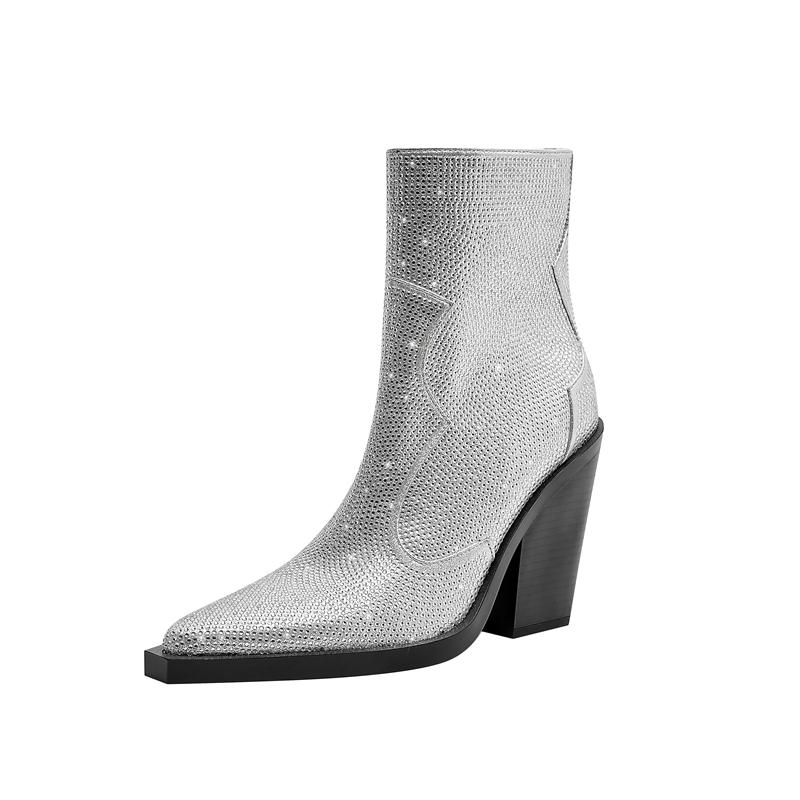 

Fashion Kaky s New Pointed Rhinestone Thick High Heels Large Women s Boots Short Boots Western Boots 225 серебряный
