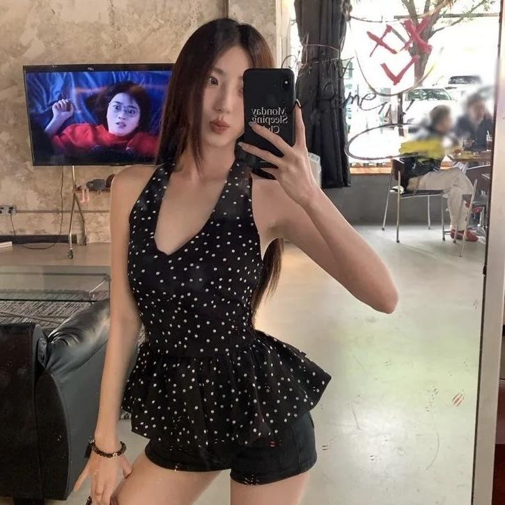 Black Polka Dot Beauty Back V-neck Neck Vest Women's Summer Slim-fit Outer Wear Design Spice Girl Short Inner Top