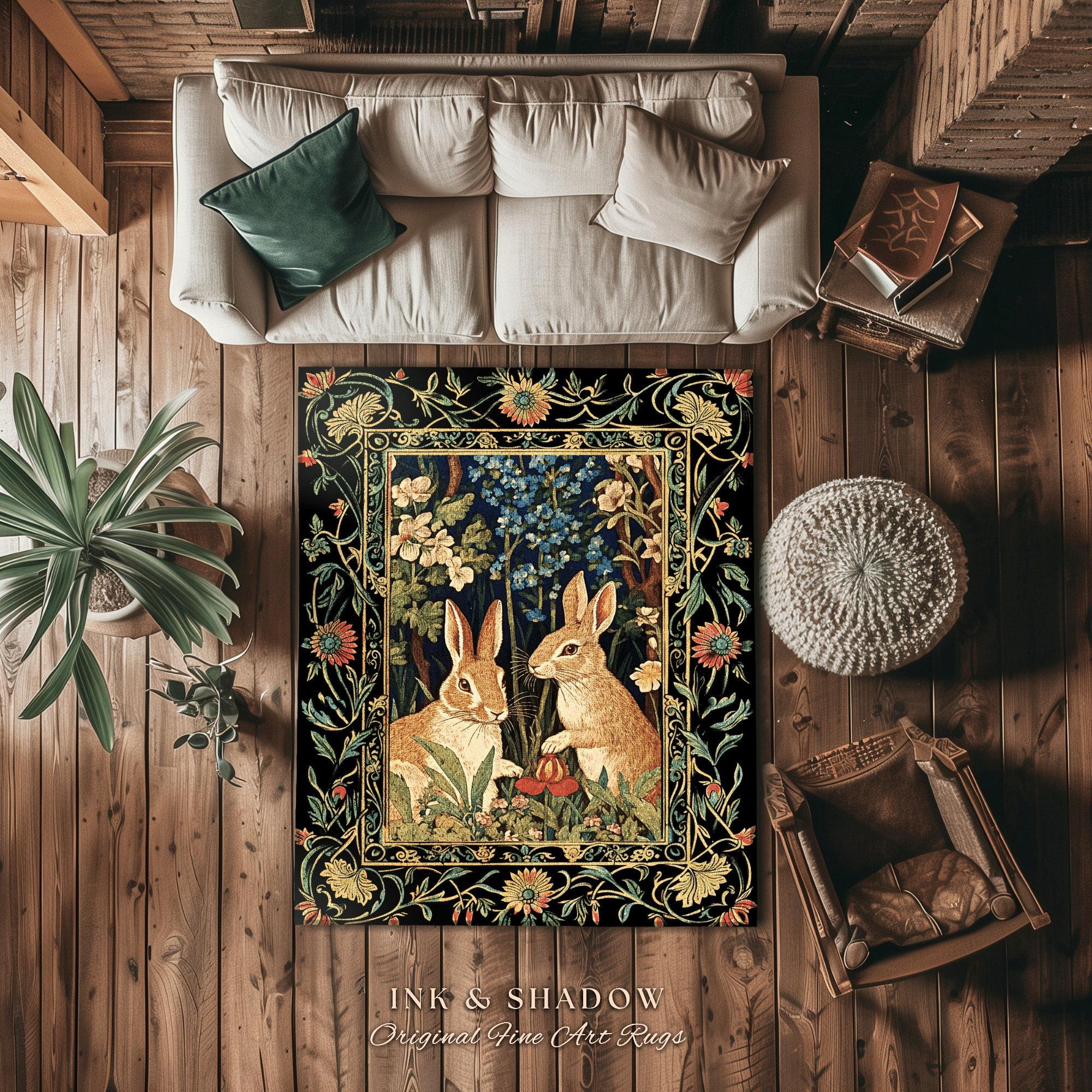 Bunnies in the Woodland Rug Modern Room Decor William Morris Inspired Forest Aesthetic Fairycore Bedroom Floral Bunny Victoria 1p40x60x1cm