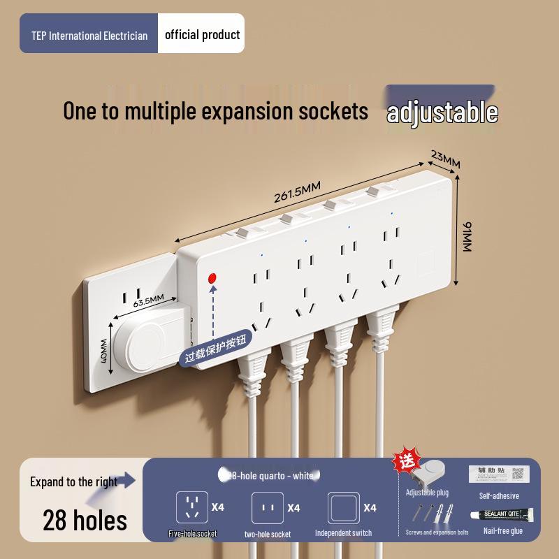 Expandable 86 Type Multi-hole Switch Panel Socket with Surface-Mounted Extension Converter for Household Use.