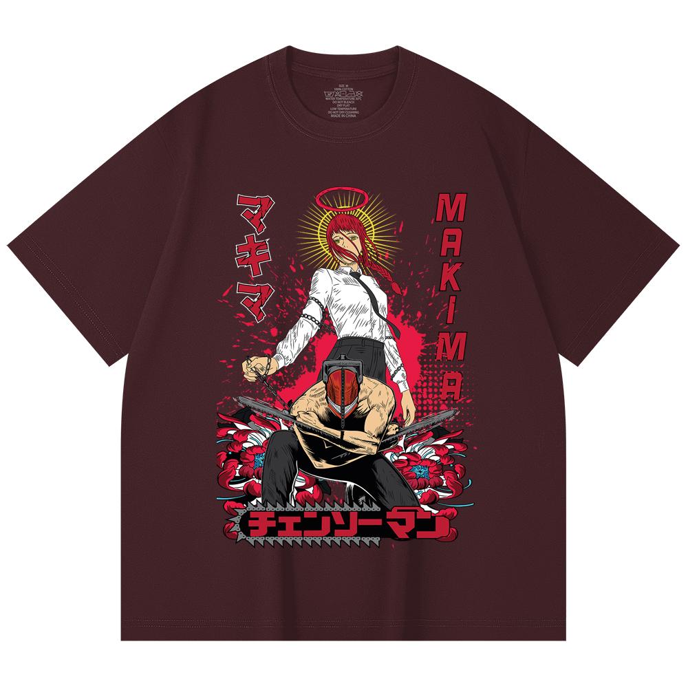 

230 Gsm 100% Cotton Chainsaw Man V23 Denji Makima Print Unisex Heavy Cotton T Shirt 2XL вина червоного кольору