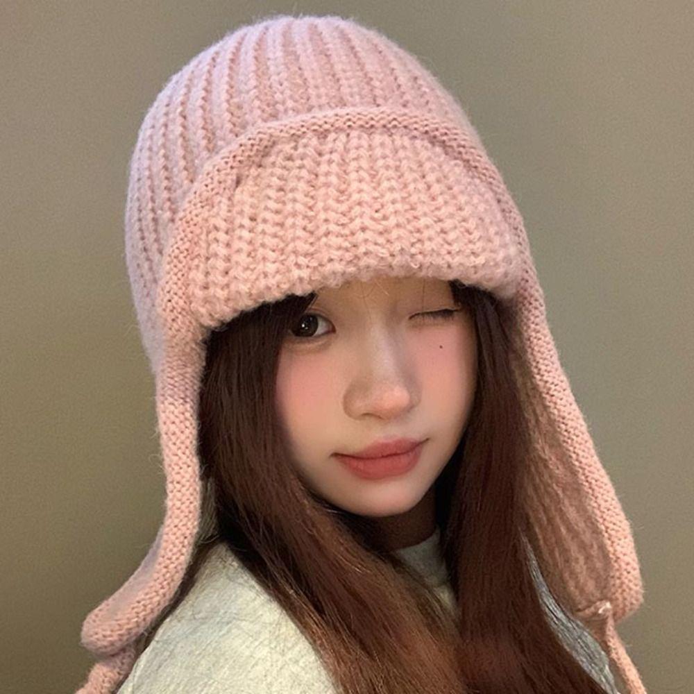Ear Protection Knitted Flying Cap Solid Color Woolen Crochet Cap Fashion Knitted Woolen Hat  Girls