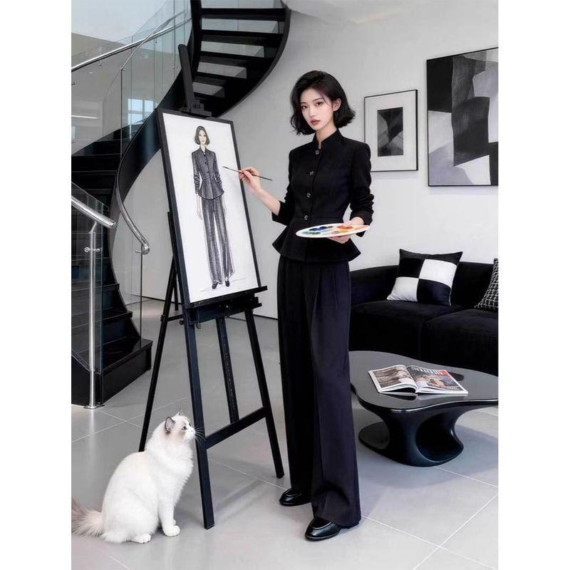 Spring and Autumn Plus-Size Women's Fashion Stand-Collar Jacket Set, Stylish Black Blazer with Wide-Leg Pants, Casual Two-Piece Set