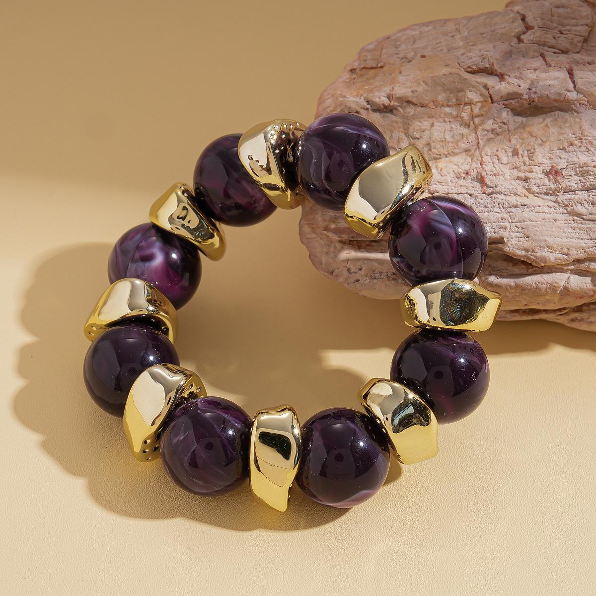 Acrylic Round Beaded Bracelet Irregular Geometric Metal Splicing Bangle for Women Imitation Stone Chain Bracelet Accessories