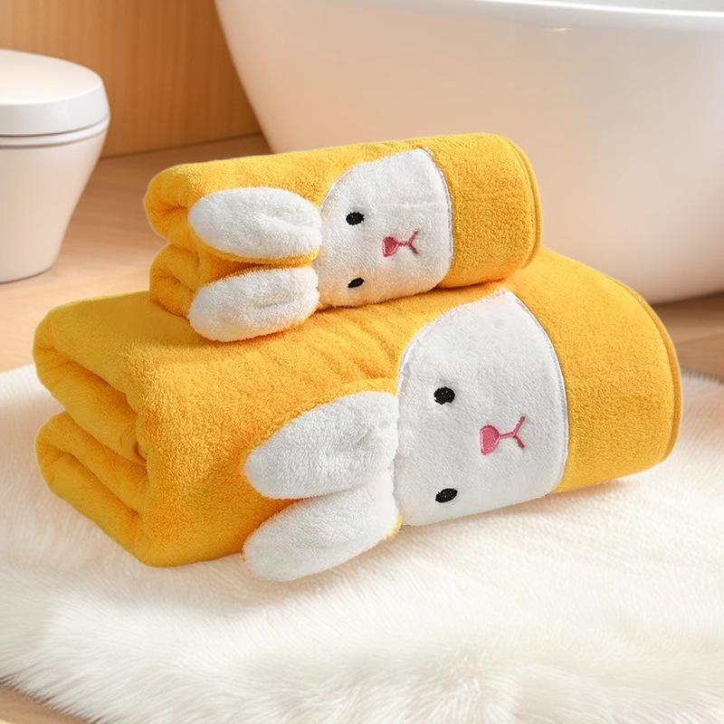 Coral Fleece Cartoon Rabbit 3D Quick-Dry Absorbent Bath Towel Set for Kids & Couples