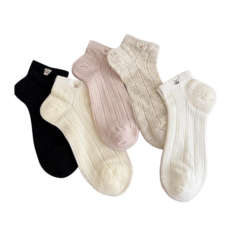 Women's Cute Cartoon Bear Ankle Socks - 2025 Spring/Summer Cotton Mesh, Solid Color, Thin Style