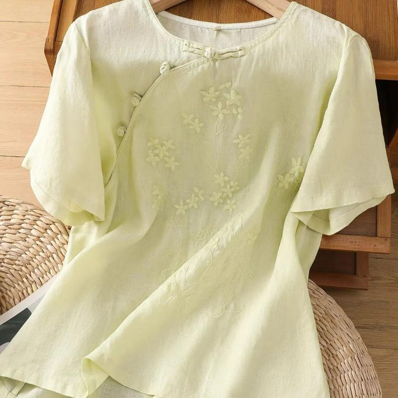 

Літня проста сорочка жіноча літературна ретро кругла горловина у китайському стилі коса планка вишивка ґудзики-диски короткий рукав вільний топ M жовтий