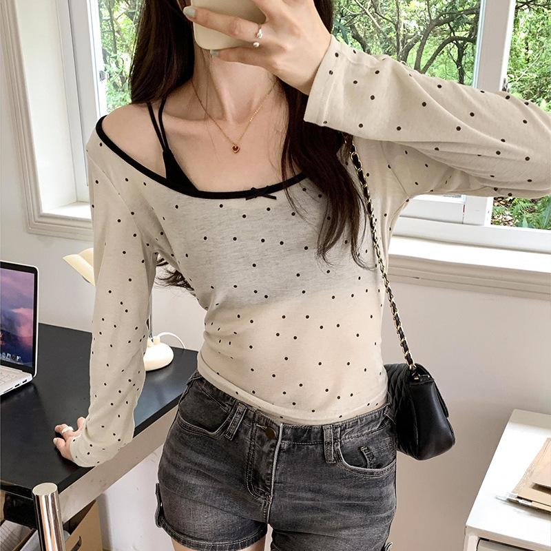 Mesh polka dot slim fit slightly see-through sexy long-sleeved T-shirt for women in summer niche versatile short pure desire bottoming shirt top