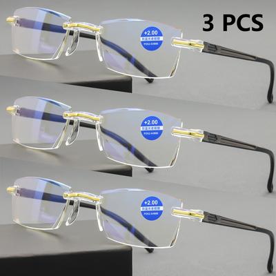 3 Pcs Classic Reading Glasses For Men Women Rimless Design Presbyopic Glasses Blue Light Blocking High Definition Lenses