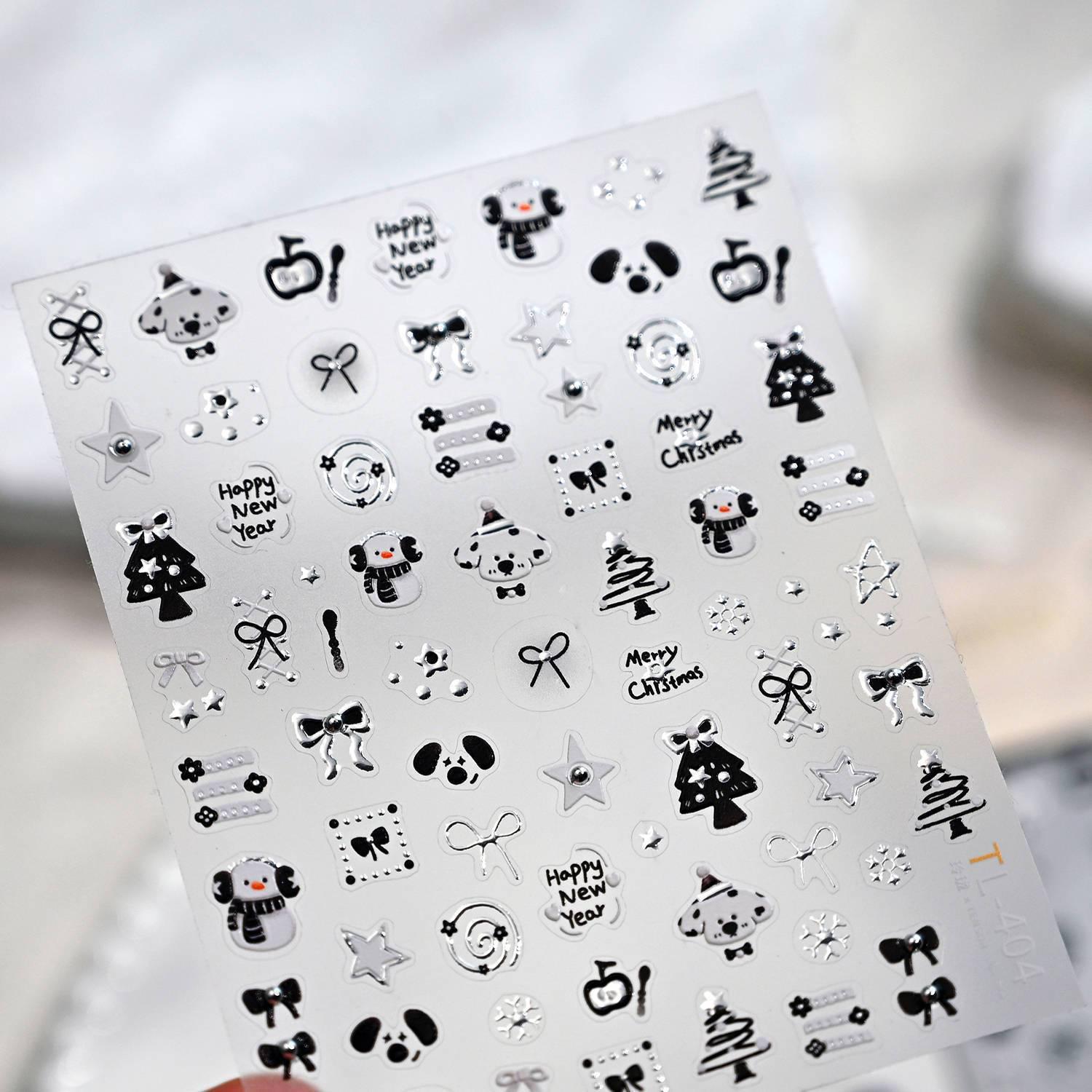

Christmas Snowman & Puppy Nail Art Stickers - Waterproof, Cute Silver Pearl Design Christmas Puppy [1 sheet]