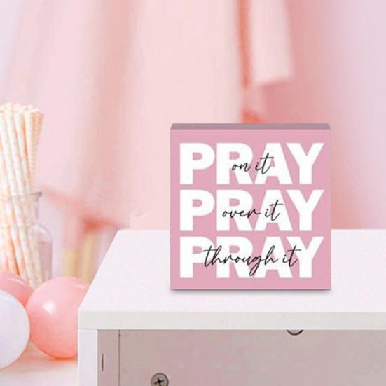 Pray on It Wooden Sign Pink Prayer Room Decor for Women Inspirational Christian Desk Sign for Dorm Room Bedroom Office Decor