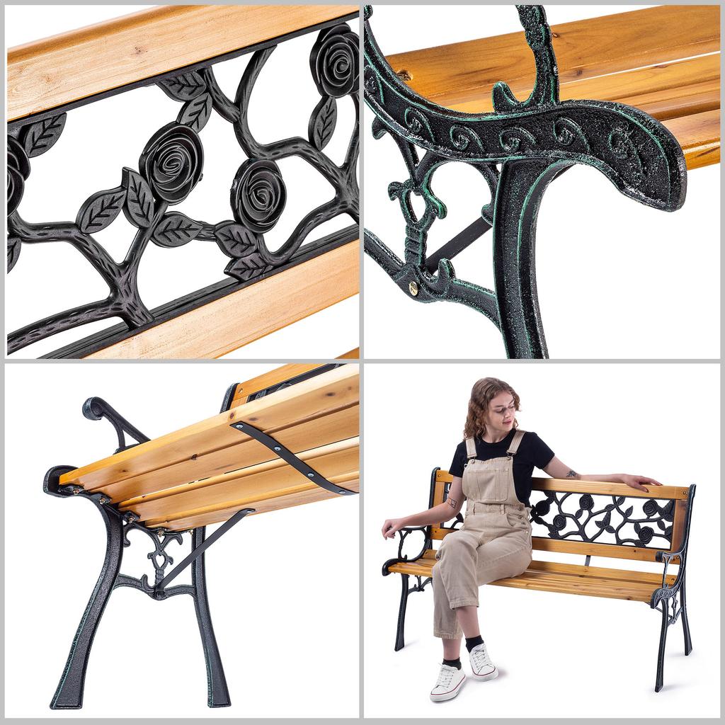 KADAX Garden Park Bench Wooden 127cm Bench With Backrest Cast Iron Roses