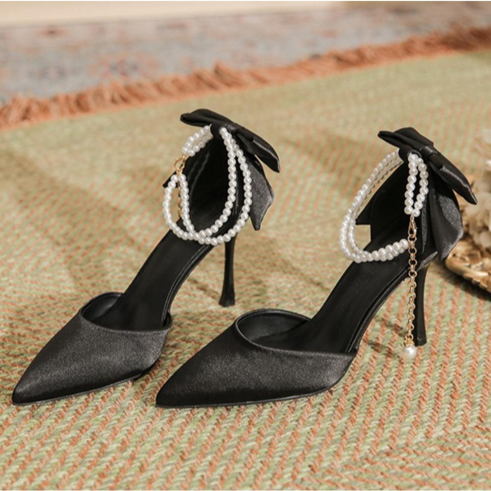 Fashion High Heeled Women's New Pointed Thin Heel Silk Satin Hollow Heel Bow High Heels Women Versatile Commuter Single Shoes for Women