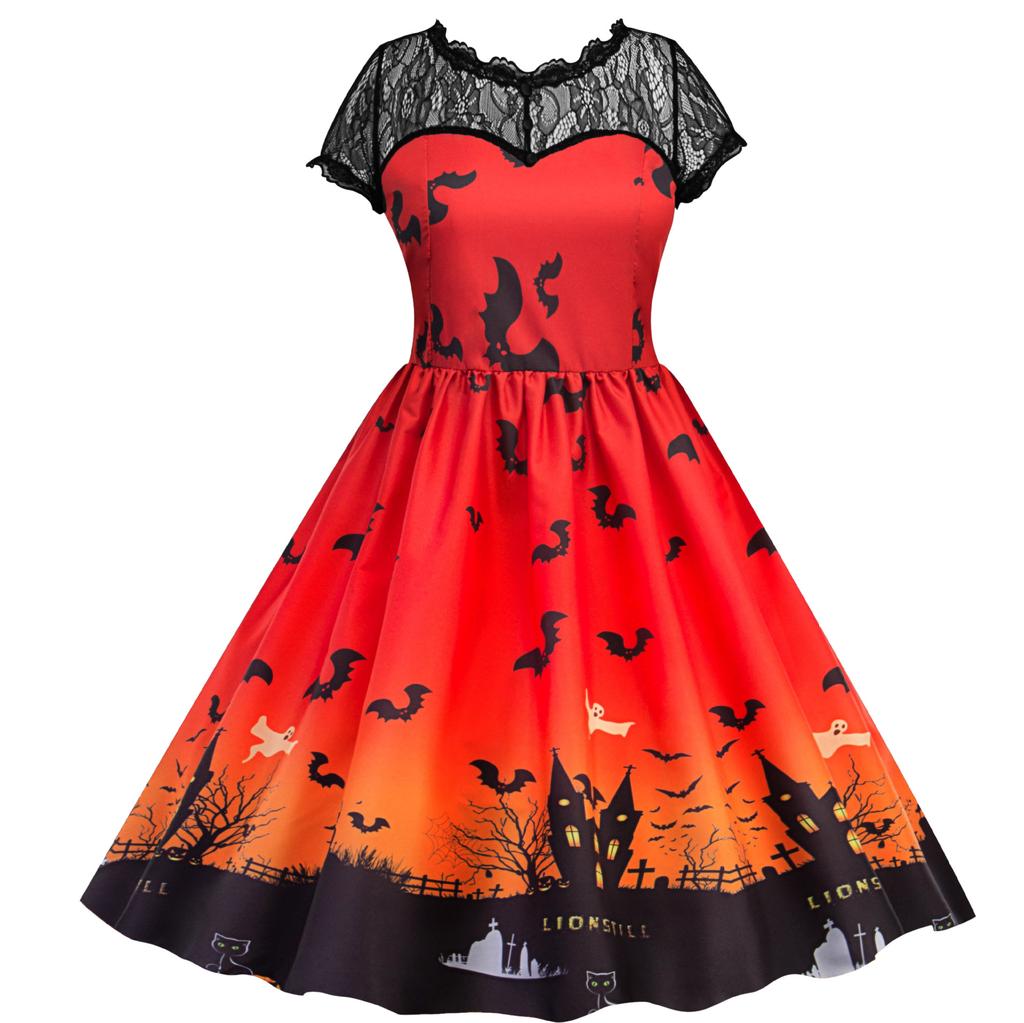 Amazon Cross-border European and American Halloween Dark Bat Women's Clothing, Foreign Trade 2023 New Lace Flower Dress