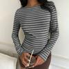 Damen Langarm Gestreiftes T-Shirt Rundhalsausschnitt Schmale Passform Lässiges Basic Oberteil Dehnbarer Weicher Stoff Geeignet für Tägliches Tragen und zum Layering