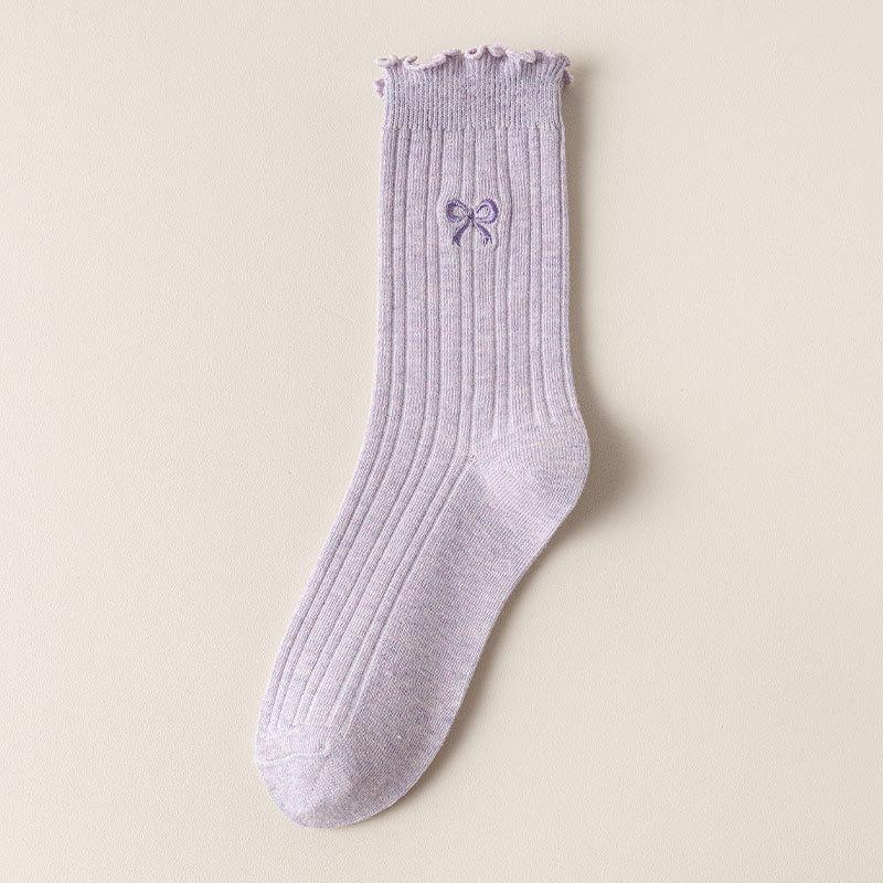 Ladies Spring and Autumn Thin Wooden Ear Embroidered Bow In The Tube Pile Pile Cotton Socks