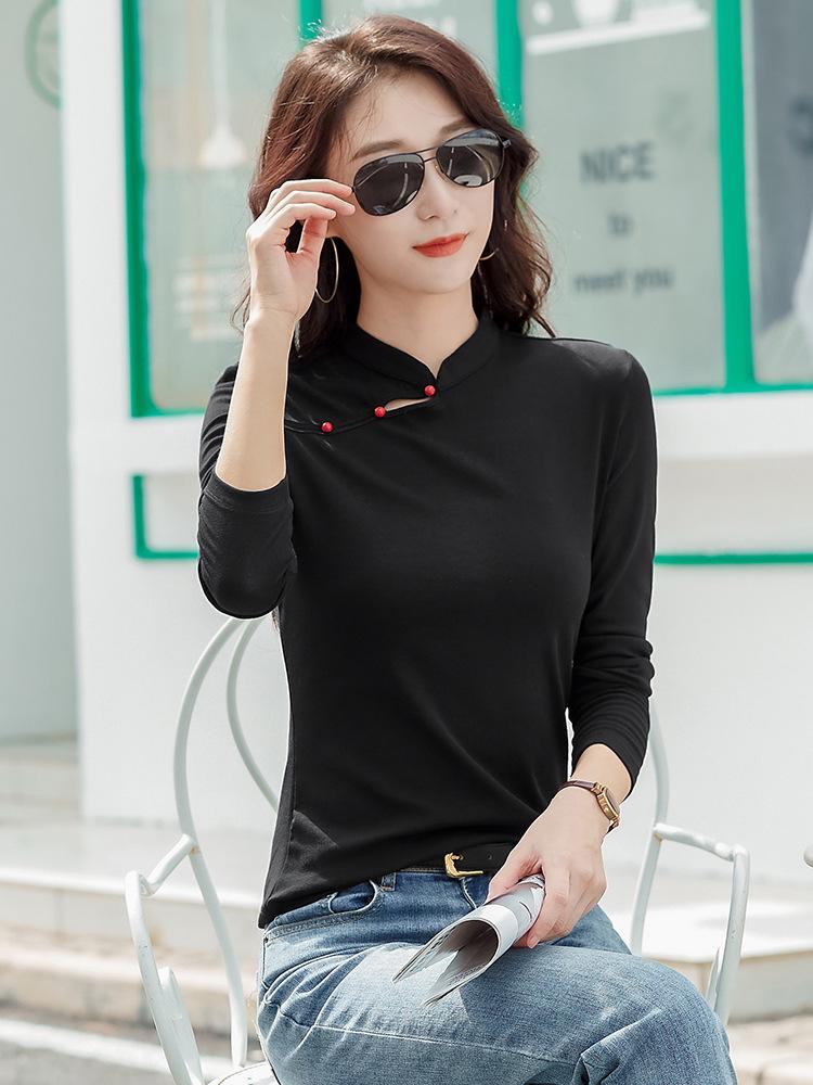 Women's Retro Korean Style Cotton Slim Fit Long Sleeve T-Shirt with Stand Collar and Diagonal Buttons