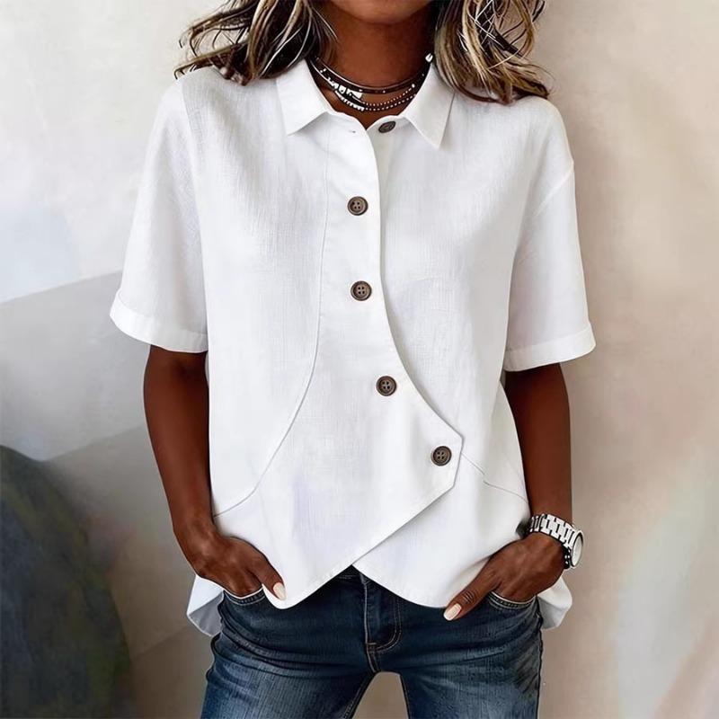 

Women Summer New Asymmetric Button Down Short Sleeve Collared Casual Shirt Blouse S білий