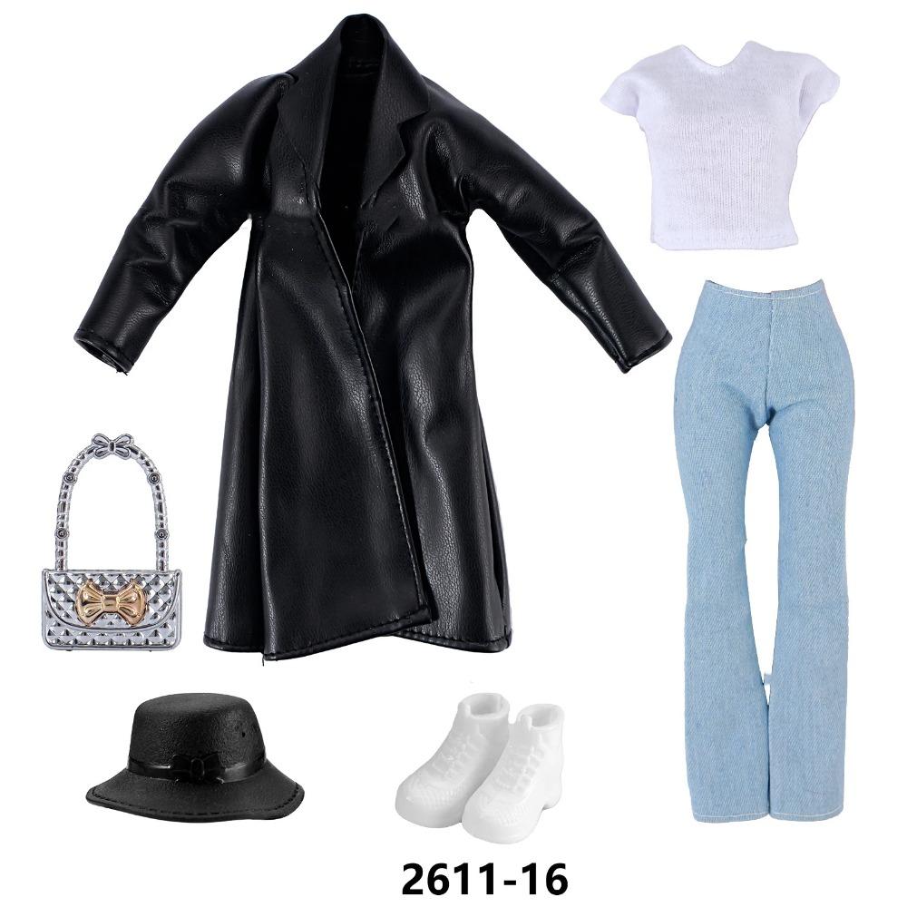 30cm Doll Clothes Fashion Luxury Fur Collar Waist Leather Trench Coat Jacket Pants Skirt Set For 1/6 Supermodel Doll Accessories