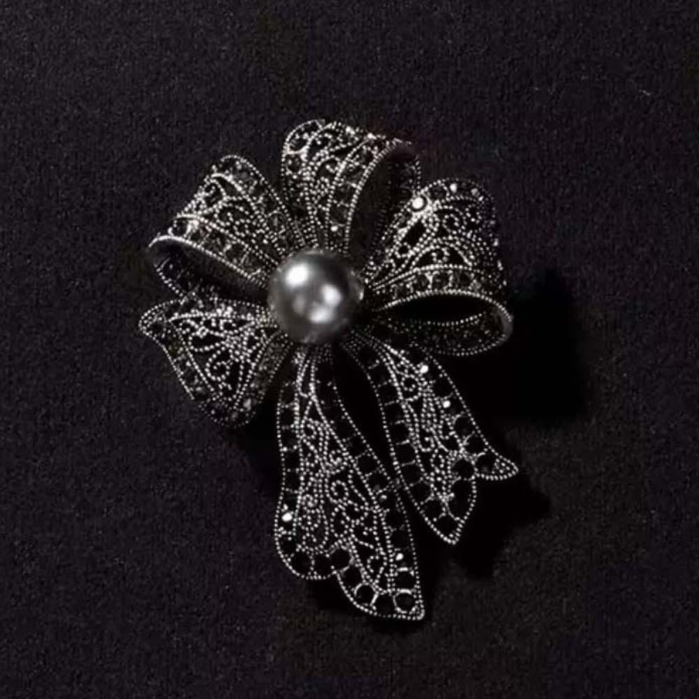 French Style Fully-rhinestone Pin Corsage Ornament Black Brooch Bow Brooch Western-style Clothes