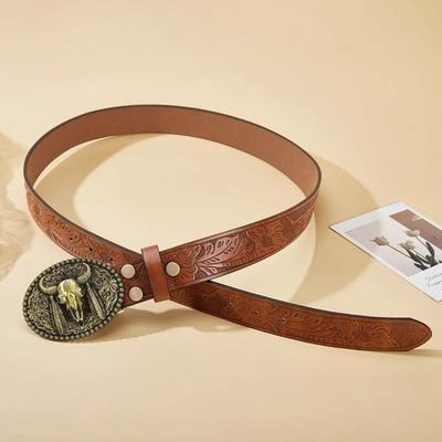 Kožený pásek s kovbojskou přezkou a květinovým gravírováním, pásek s býkem Longhorn, Dekorace na šaty