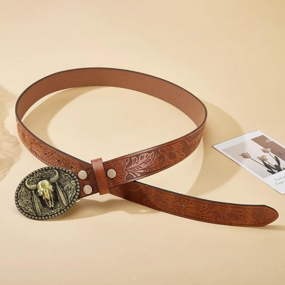 Floral Engraved Western Cowboy Waistband PU Leather Longhorn Bull Belt  Waist Accessories