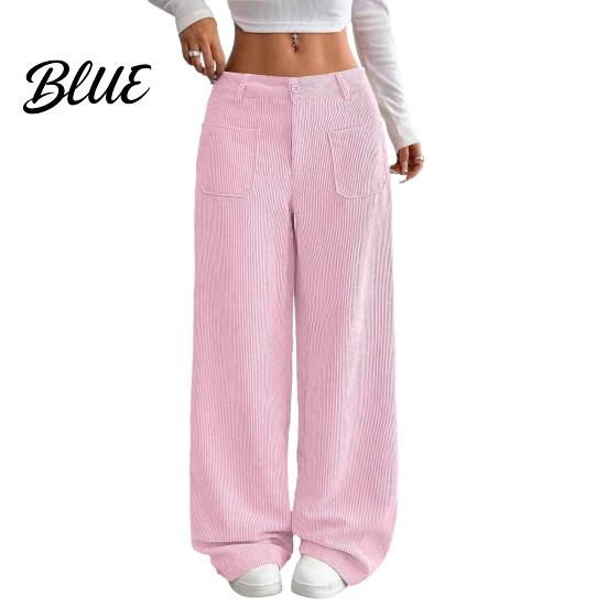 Women Pants Low Rise Zipper Button Fly Straight Wide Leg Comfortable All-day Wear Long with Pockets Solid Color Ribbed Leisure Trousers Wide-leg