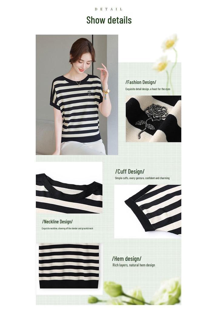 Stylish Summer Knit Striped Short-Sleeve T-shirt for Mom - Loose Fit, Round Neck, Ice Silk, Middle-Aged & Elderly Women