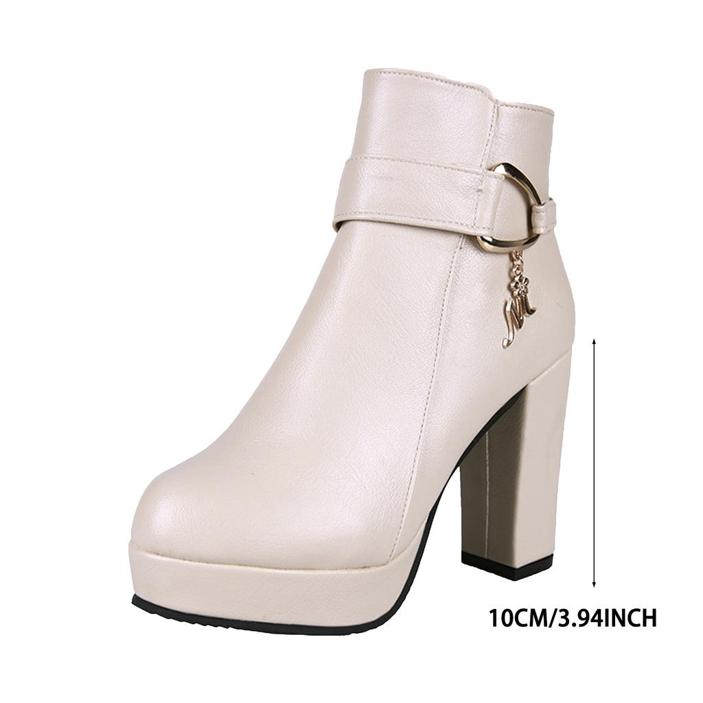 Chunky High Heel Women's Leather Boots Fashionable Casual Solid Color Thick Bottom Ankle Boots Boots for Women with Heel High