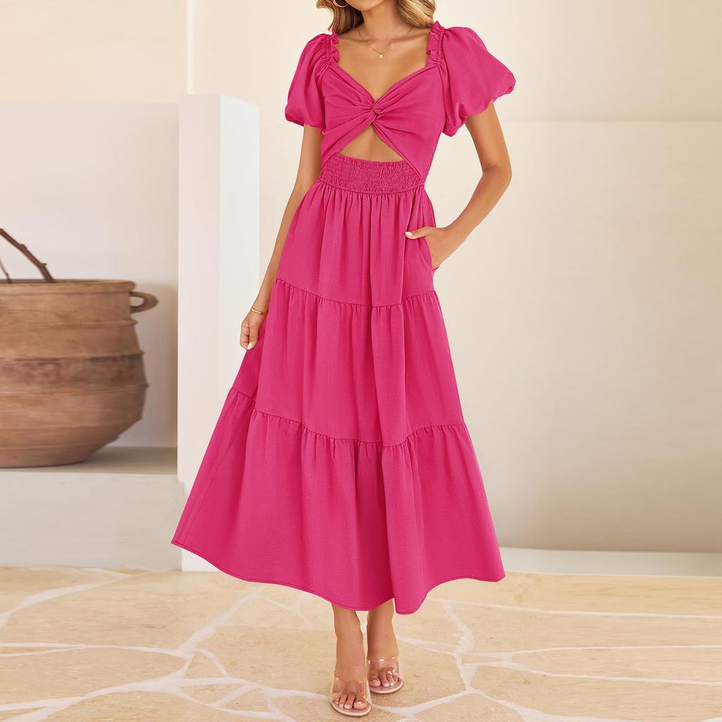 Damenmode Böhmische Wickel Kurzarm A-Linie Strand Lange Kleider