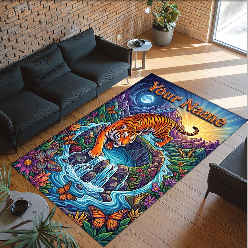 Leopard Theme Crystal Velvet Floor Rug Personalized Custom Name Text Warm Carpet Home Decoration