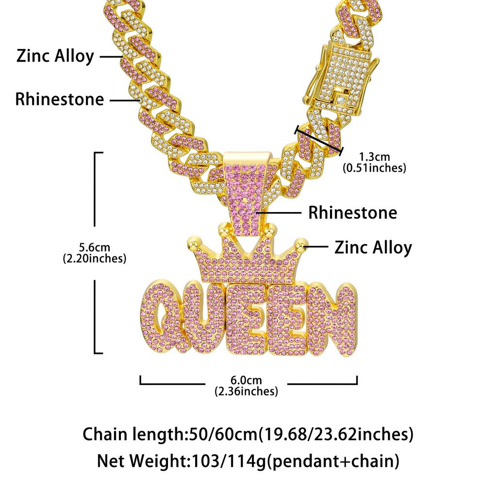 Couronne Rose Diamant pour Femme, Pendentif Lettre QUEEN, Collier Cubain Diamant Long Hip Hop Accessoire Féminin