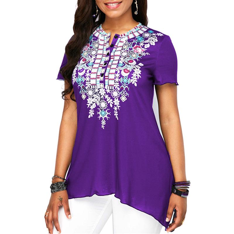 Mujer Algodón Ambrosidered Estampado Summer Top Manga Corta Camisa Irregular  comprar a buen precio — entrega gratuita, reseñas reales con fotos — Joom