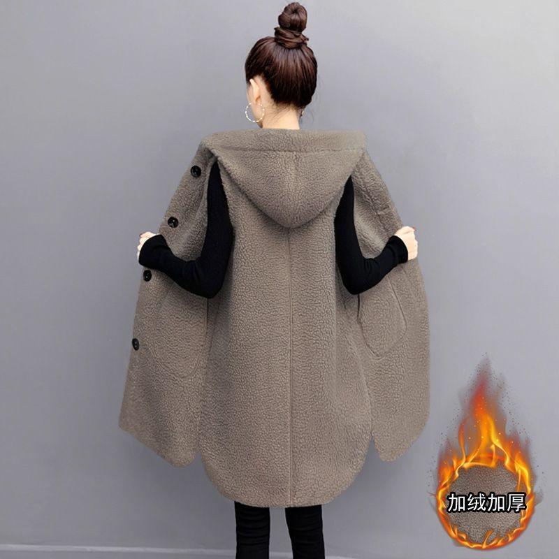 Large size lamb wool vest women's autumn and winter hooded vest medium and long velvet thickened vest loose coat tide