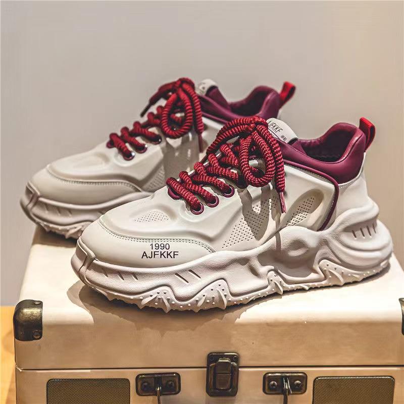 Fashion Chunky Sneakers Men Soft Sole Running Shoes Fashion Casual Leather Color Block Design Breathable Height Increased Platform Shoes